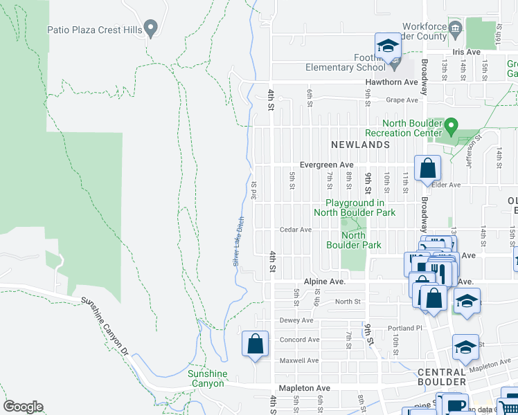 map of restaurants, bars, coffee shops, grocery stores, and more near 2954 3rd Street in Boulder
