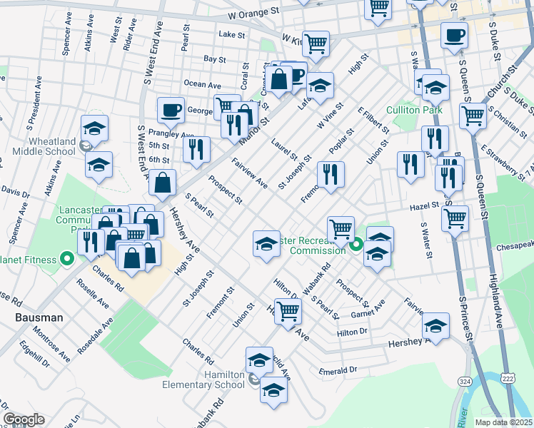 map of restaurants, bars, coffee shops, grocery stores, and more near 834 Saint Joseph Street in Lancaster