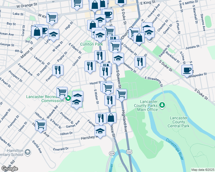 map of restaurants, bars, coffee shops, grocery stores, and more near 519 South Prince Street in Lancaster