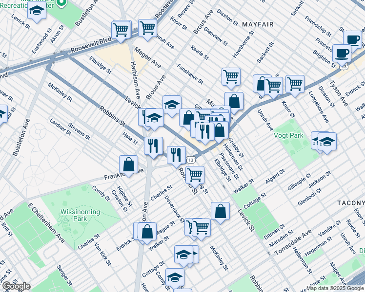 map of restaurants, bars, coffee shops, grocery stores, and more near 3129 Barnett Street in Philadelphia