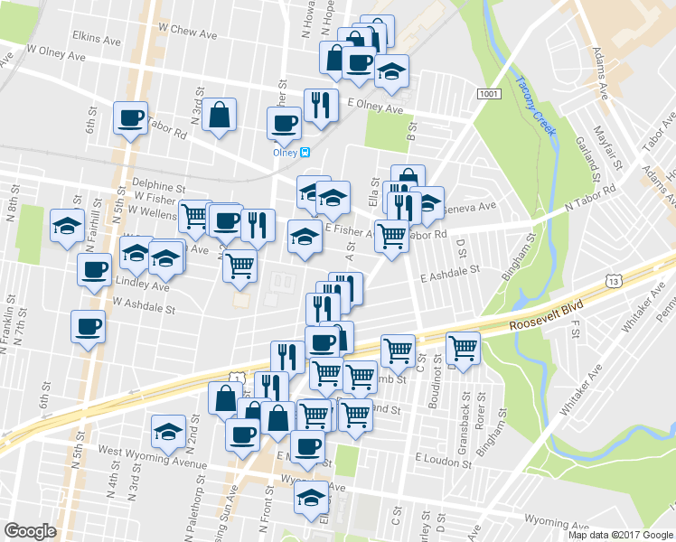 map of restaurants, bars, coffee shops, grocery stores, and more near 145 East Duncannon Avenue in Philadelphia