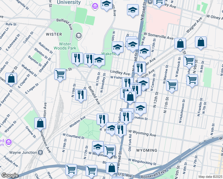 map of restaurants, bars, coffee shops, grocery stores, and more near 11 North 16th Street in Philadelphia