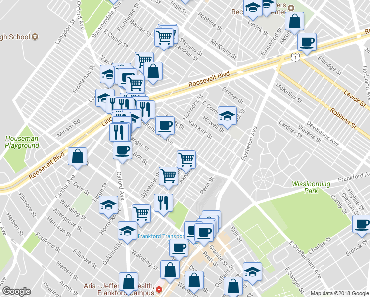 map of restaurants, bars, coffee shops, grocery stores, and more near 1537 East Cheltenham Avenue in Philadelphia