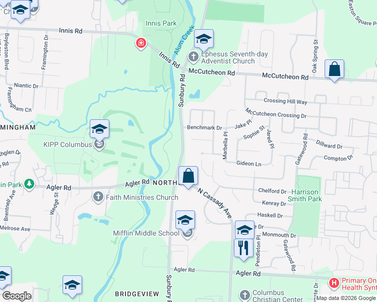 map of restaurants, bars, coffee shops, grocery stores, and more near 2828 Sunbury Road in Columbus