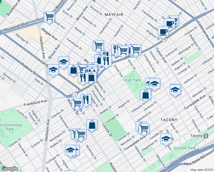 map of restaurants, bars, coffee shops, grocery stores, and more near 4123 Gilham Street in Philadelphia