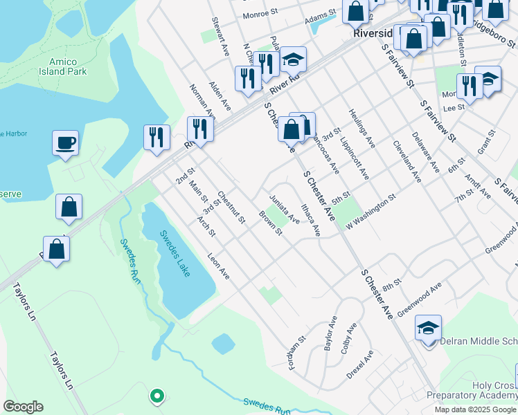 map of restaurants, bars, coffee shops, grocery stores, and more near 312 Brown Street in Delran