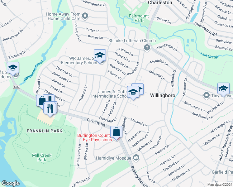 map of restaurants, bars, coffee shops, grocery stores, and more near 51 Pebble Lane in Willingboro