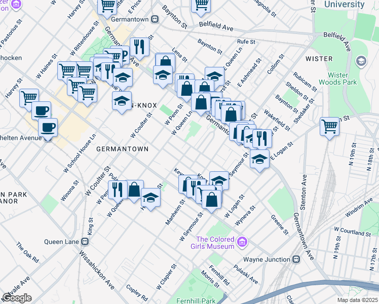 map of restaurants, bars, coffee shops, grocery stores, and more near 114R Hansberry Street in Philadelphia
