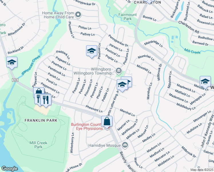 map of restaurants, bars, coffee shops, grocery stores, and more near 51 Pebble Lane in Willingboro