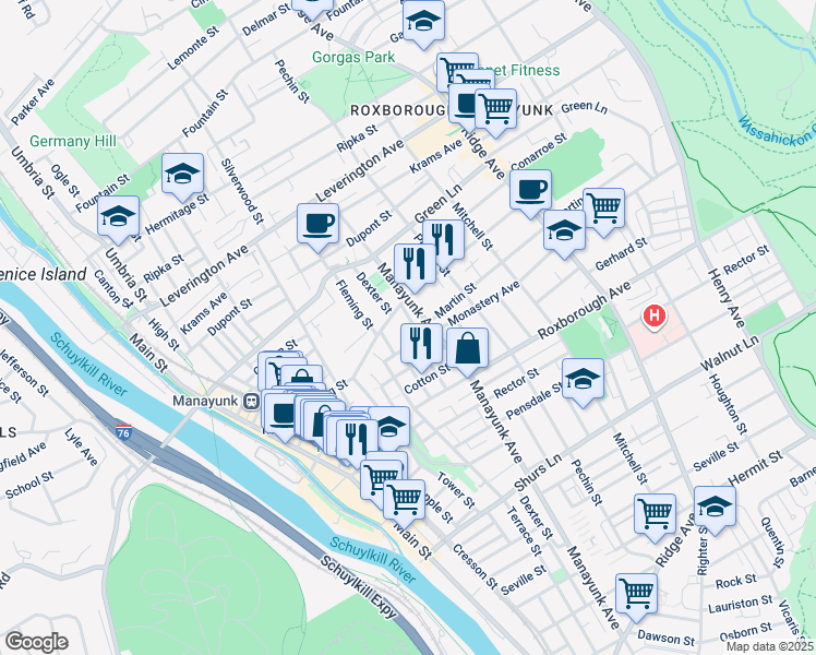 map of restaurants, bars, coffee shops, grocery stores, and more near 4374 Dexter Street in Philadelphia