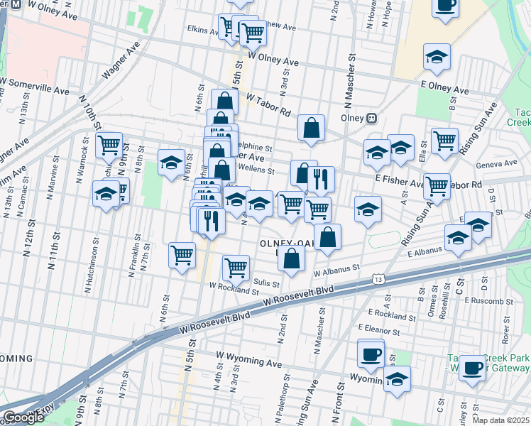 map of restaurants, bars, coffee shops, grocery stores, and more near 277 West Sheldon Street in Philadelphia