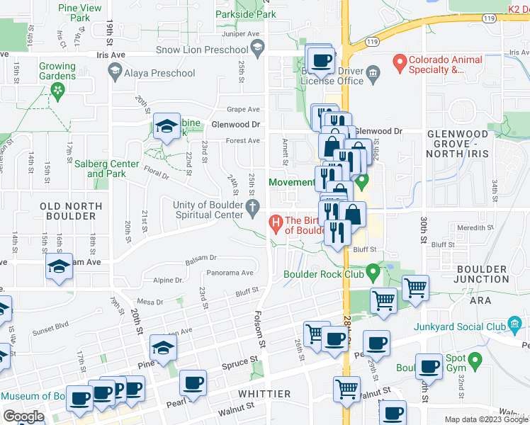 map of restaurants, bars, coffee shops, grocery stores, and more near 2855 Folsom St in Boulder