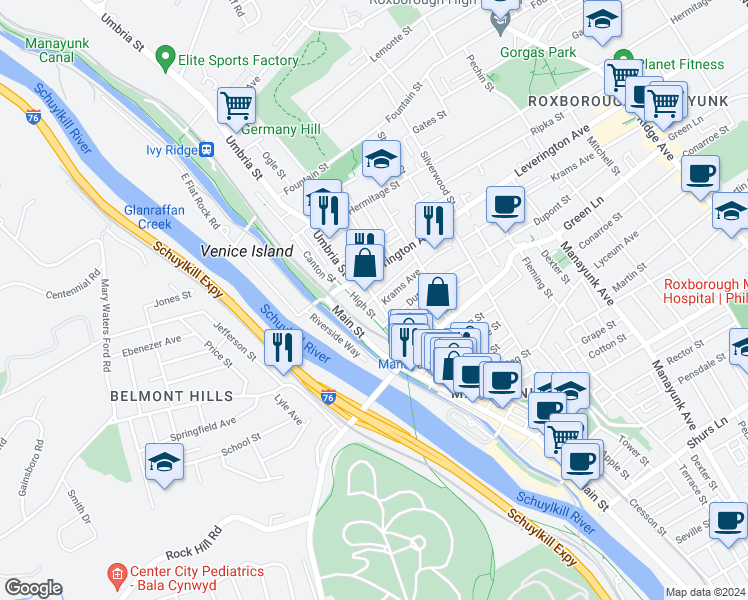 map of restaurants, bars, coffee shops, grocery stores, and more near 4562 Baker Street in Philadelphia
