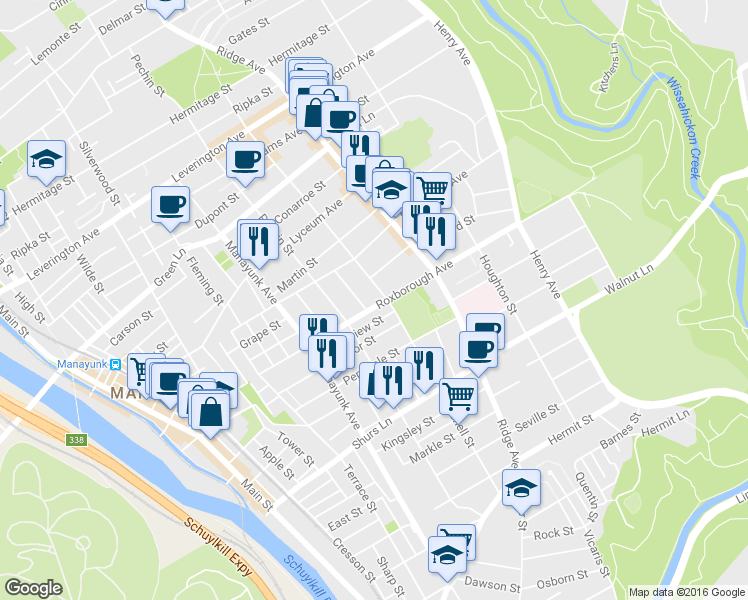 map of restaurants, bars, coffee shops, grocery stores, and more near 442 Roxborough Avenue in Philadelphia