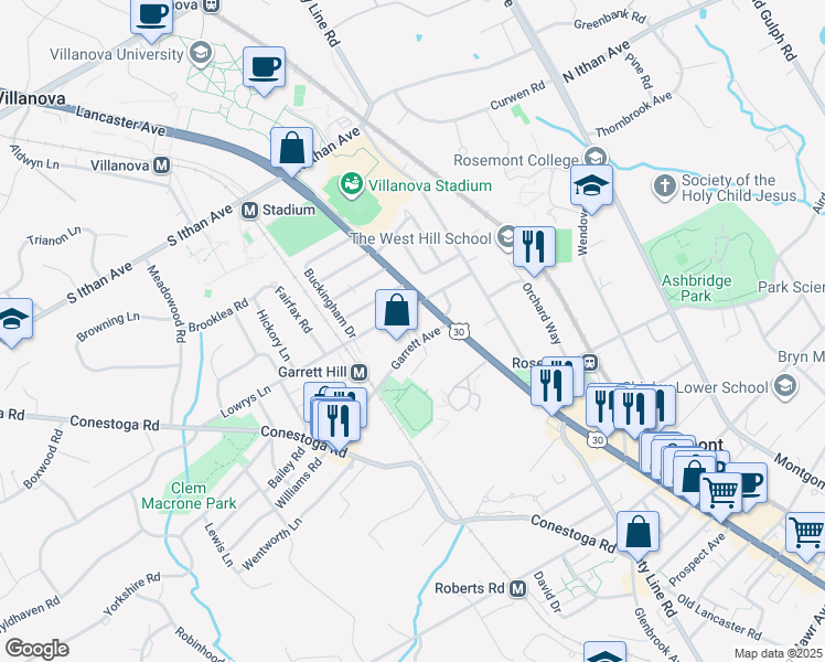 map of restaurants, bars, coffee shops, grocery stores, and more near 28 Garrett Avenue in Bryn Mawr