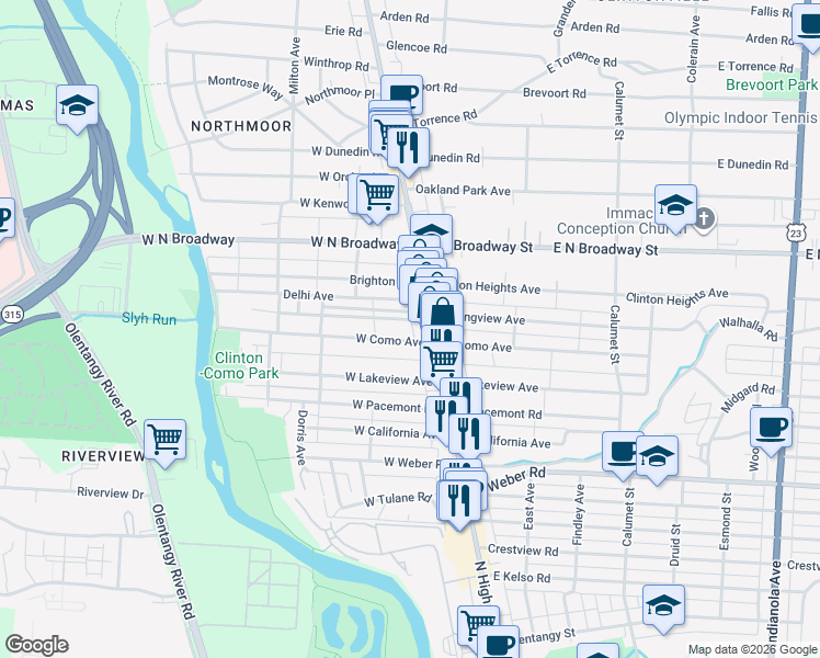 map of restaurants, bars, coffee shops, grocery stores, and more near 28-30 East Como Avenue in Columbus