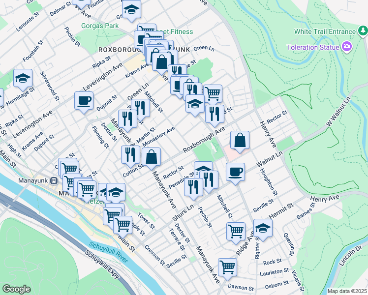 map of restaurants, bars, coffee shops, grocery stores, and more near 442 Roxborough Avenue in Philadelphia