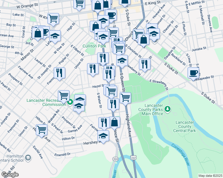 map of restaurants, bars, coffee shops, grocery stores, and more near 519 South Prince Street in Lancaster