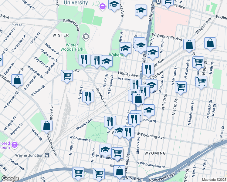 map of restaurants, bars, coffee shops, grocery stores, and more near 4938 North 16th Street in Philadelphia