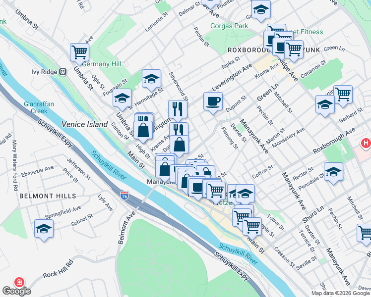 map of restaurants, bars, coffee shops, grocery stores, and more near 4515 Wilde Street in Philadelphia