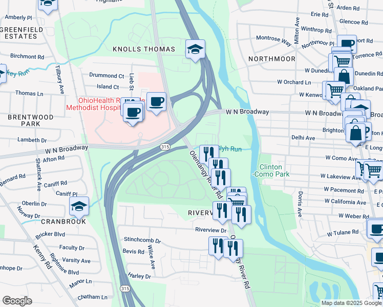 map of restaurants, bars, coffee shops, grocery stores, and more near 3440 Olentangy River Road in Columbus