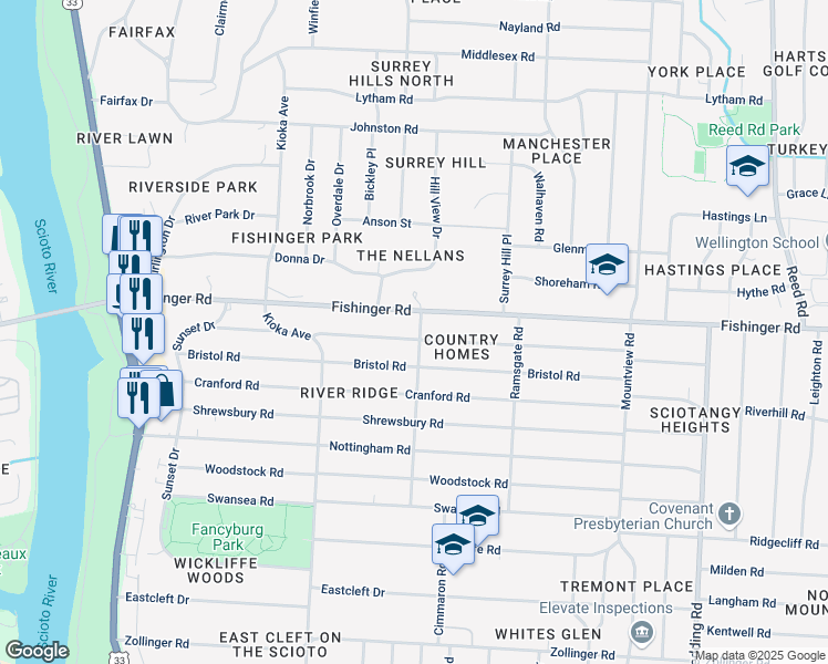 map of restaurants, bars, coffee shops, grocery stores, and more near 2432 Edgevale Road in Columbus