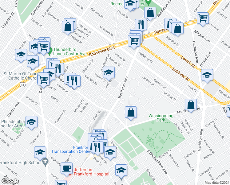 map of restaurants, bars, coffee shops, grocery stores, and more near 5913 Penn Street in Philadelphia