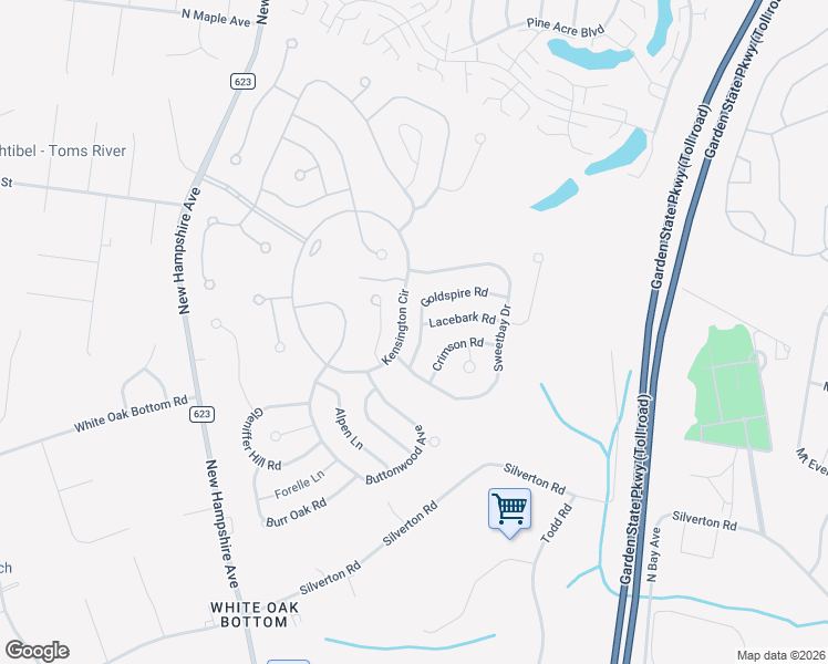 map of restaurants, bars, coffee shops, grocery stores, and more near 1580 Goldspire Road in Toms River