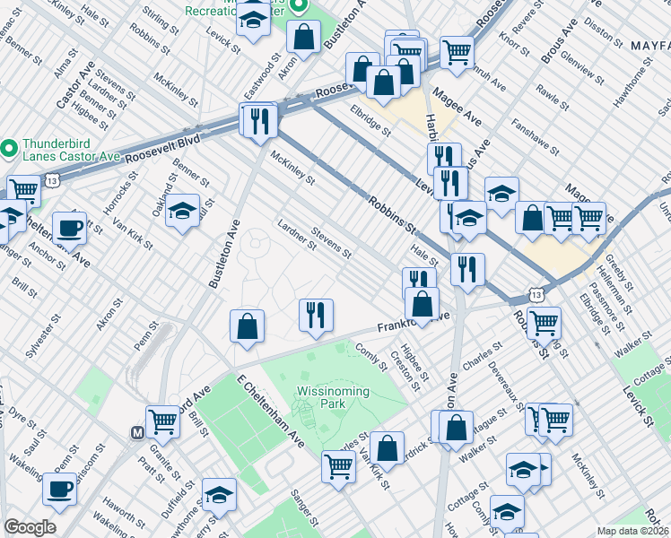 map of restaurants, bars, coffee shops, grocery stores, and more near 2744R Lardner Street in Philadelphia