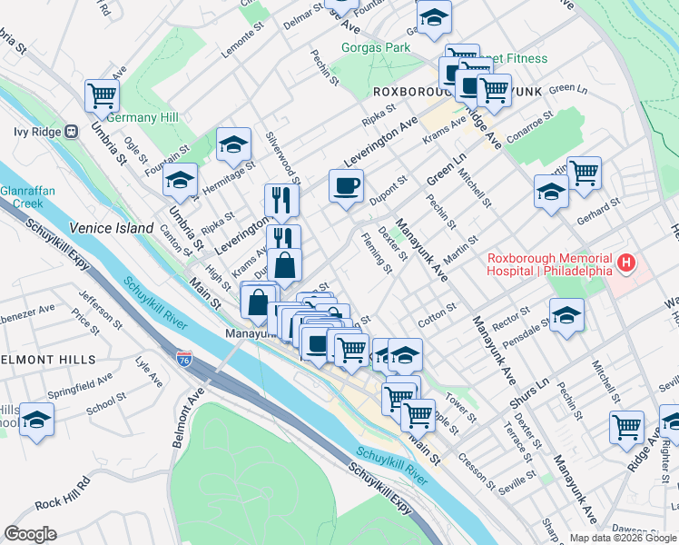 map of restaurants, bars, coffee shops, grocery stores, and more near 219 Green Lane in Philadelphia