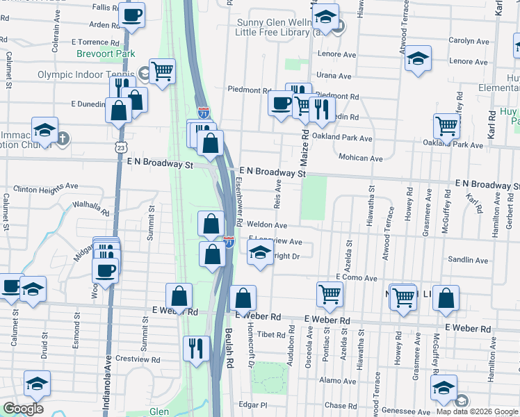 map of restaurants, bars, coffee shops, grocery stores, and more near 811 East Brighton Road in Columbus