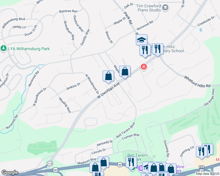 map of restaurants, bars, coffee shops, grocery stores, and more near 255 West Uwchlan Avenue in Downingtown