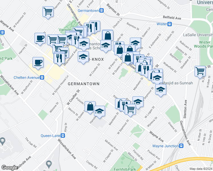 map of restaurants, bars, coffee shops, grocery stores, and more near 144 West Queen Lane in Philadelphia