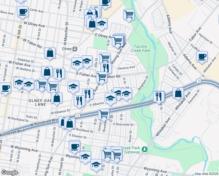 map of restaurants, bars, coffee shops, grocery stores, and more near 5202 Arbor Street in Philadelphia