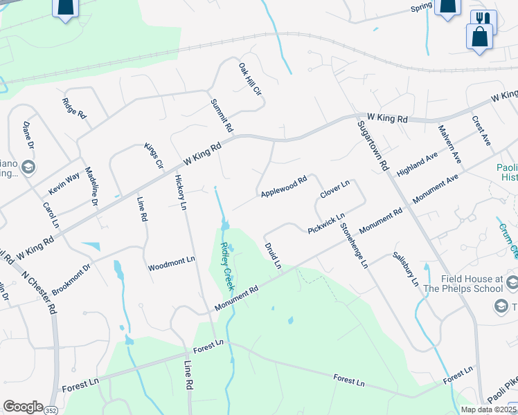 map of restaurants, bars, coffee shops, grocery stores, and more near 23 Applewood Rd in Malvern