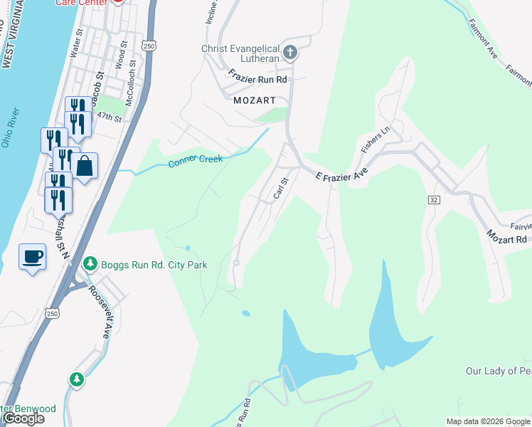 map of restaurants, bars, coffee shops, grocery stores, and more near 15 Ellen Avenue in Wheeling