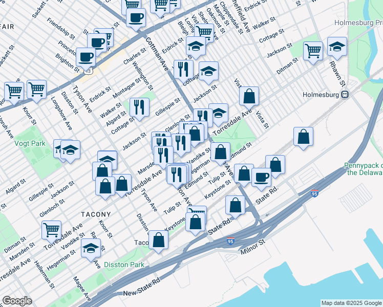 map of restaurants, bars, coffee shops, grocery stores, and more near 7161 Torresdale Avenue in Philadelphia