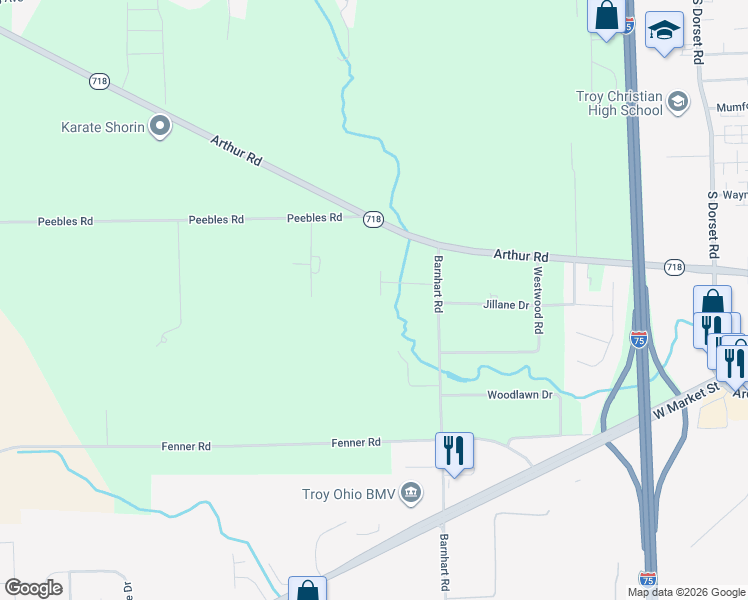map of restaurants, bars, coffee shops, grocery stores, and more near 614 Barnhart Road in Troy