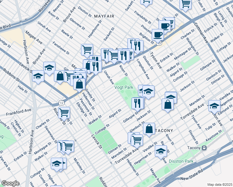 map of restaurants, bars, coffee shops, grocery stores, and more near 6655 Erdrick Street in Philadelphia