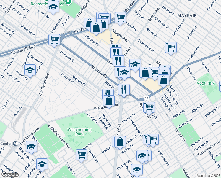 map of restaurants, bars, coffee shops, grocery stores, and more near 2941 McKinley Street in Philadelphia