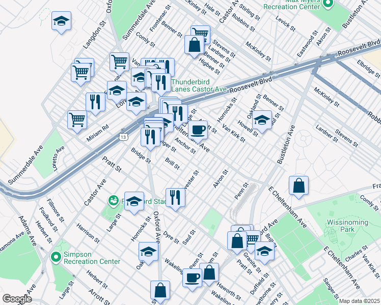 map of restaurants, bars, coffee shops, grocery stores, and more near 1160 Anchor Street in Philadelphia