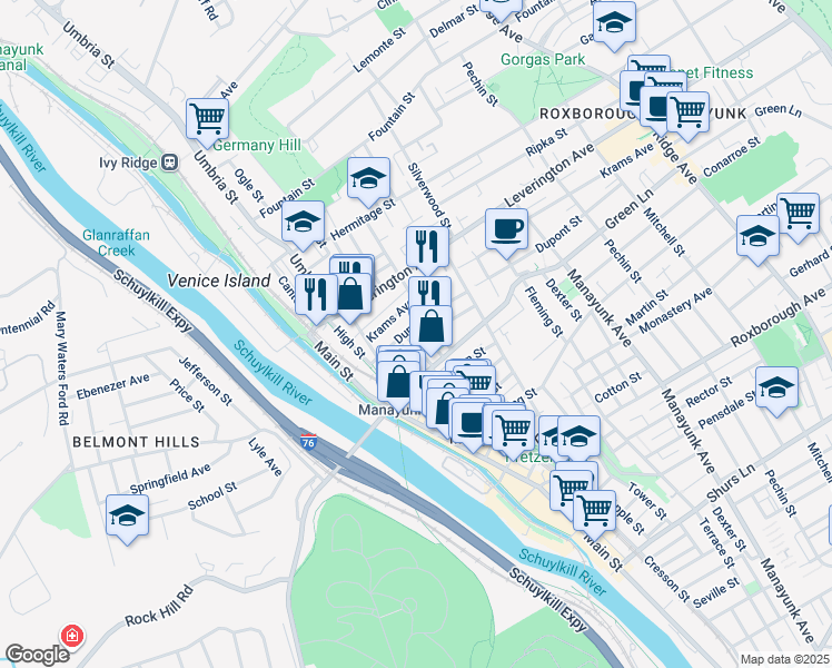 map of restaurants, bars, coffee shops, grocery stores, and more near 4540 Ritchie Street in Philadelphia