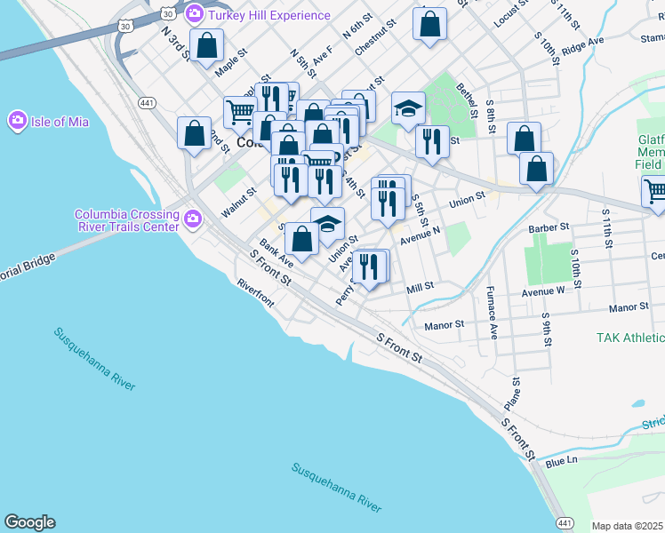 map of restaurants, bars, coffee shops, grocery stores, and more near 204 Union Street in Columbia