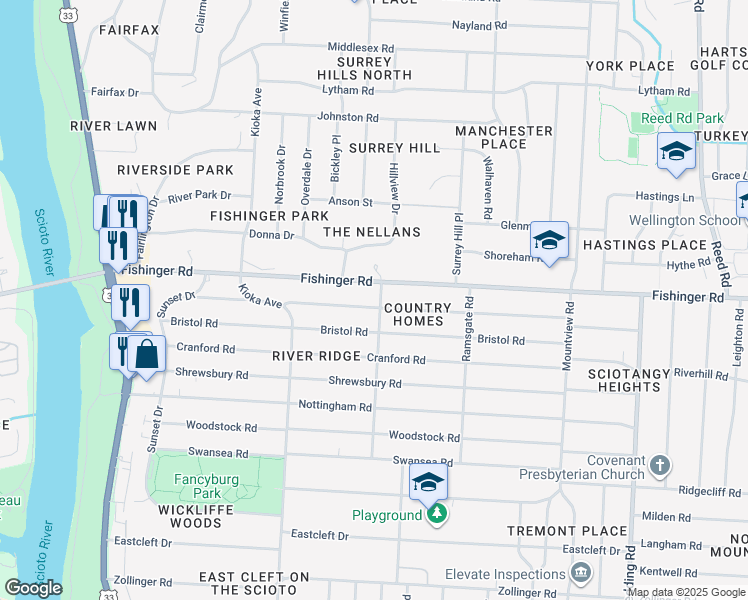 map of restaurants, bars, coffee shops, grocery stores, and more near 2432 Edgevale Road in Columbus