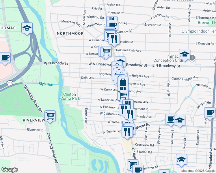 map of restaurants, bars, coffee shops, grocery stores, and more near 84-86 East Como Avenue in Columbus