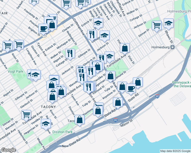 map of restaurants, bars, coffee shops, grocery stores, and more near 7157 Torresdale Avenue in Philadelphia