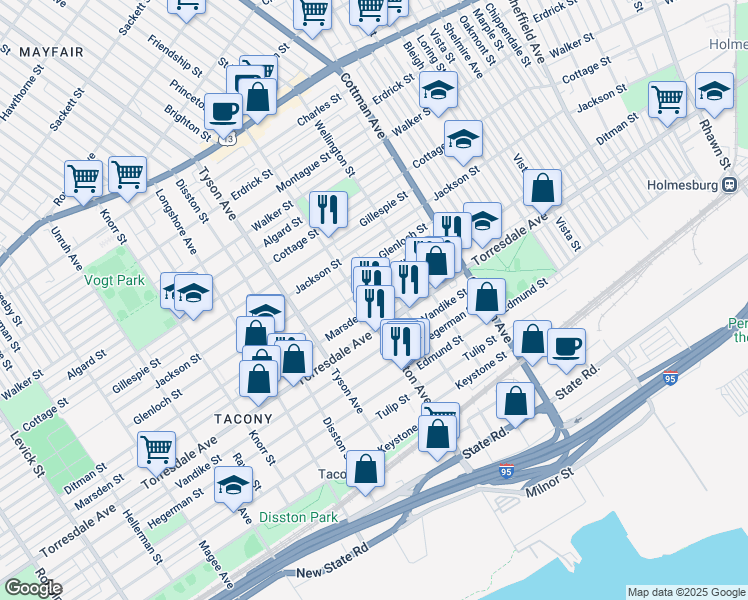 map of restaurants, bars, coffee shops, grocery stores, and more near 7108 Marsden Street in Philadelphia