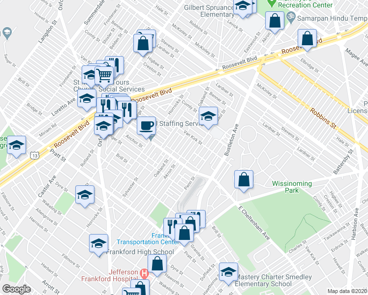 map of restaurants, bars, coffee shops, grocery stores, and more near 5826 Akron Street in Philadelphia