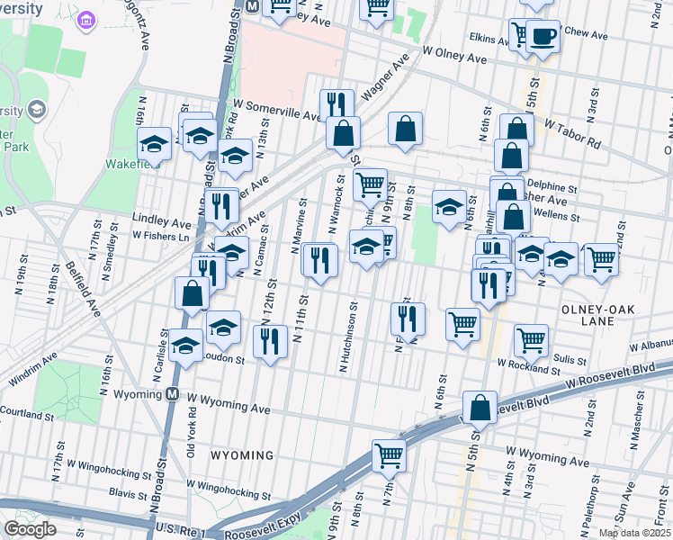 map of restaurants, bars, coffee shops, grocery stores, and more near 5026 North 10th Street in Philadelphia