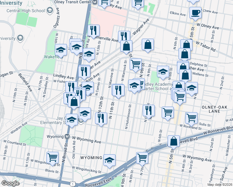map of restaurants, bars, coffee shops, grocery stores, and more near 5015 North 11th Street in Philadelphia